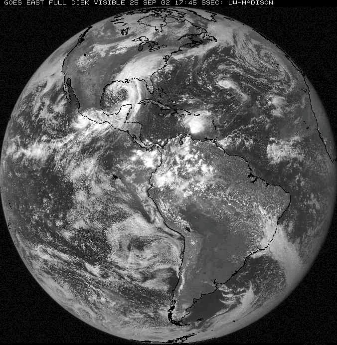 Full disk GOES East visible image taken at 12:45 p.m. CDT - September 25, 2002