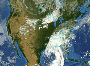 Colorized and combination GOES Weast and East satellite image of the 
contential U.S.