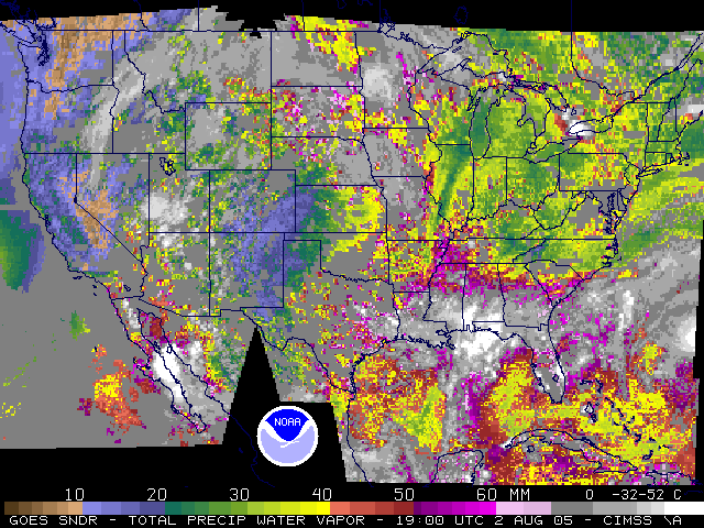 GOES sounder Precipitable Water image - Click to enlarge