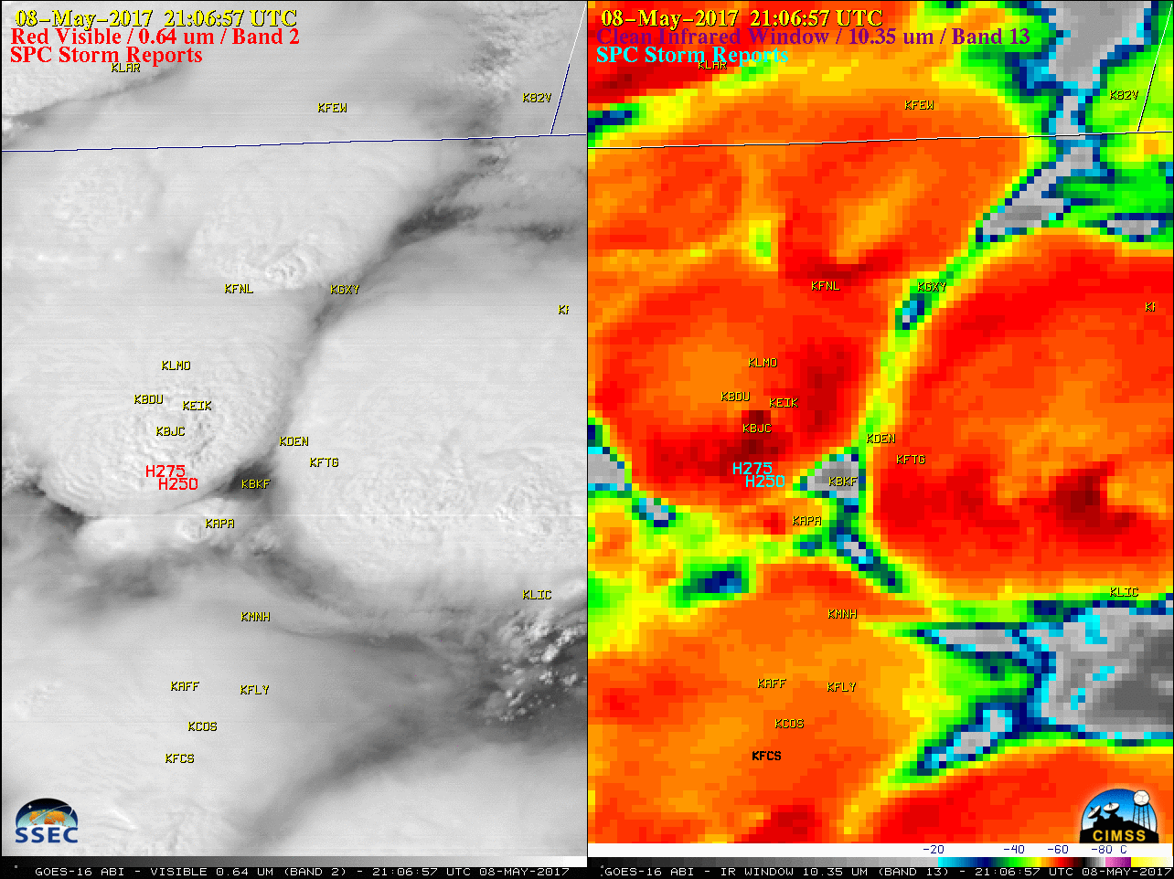 GOES-16 Visible (0.64 µm, left) and Infrared Window (10.4 µm, right) images, with surface station identifiers in yellow and SPC reports of hail size in cyan [click to play MP4 animation]