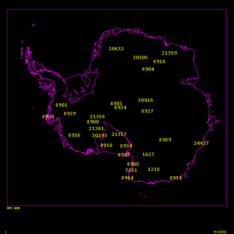 Surface air temperatures (ºF) at automated weather stations across Antarctica [click to enlarge]