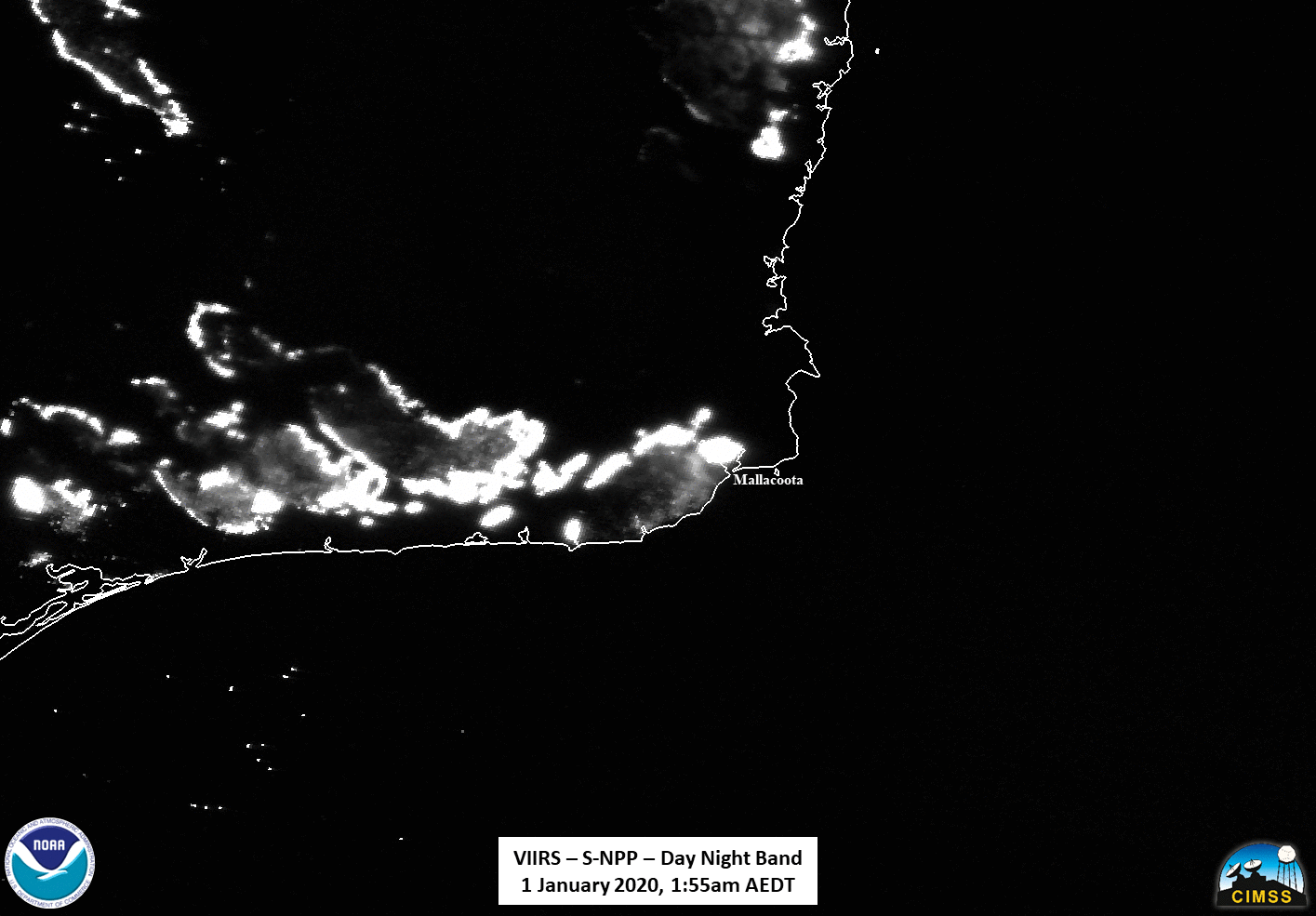 Suomi NPP VIIRS Day/Night Band, Shortwave Infrared, Near-Infrared & Active Fire Product images at 1455 UTC on 31 December (credit: William Straka, CIMSS) [click to enlarge]