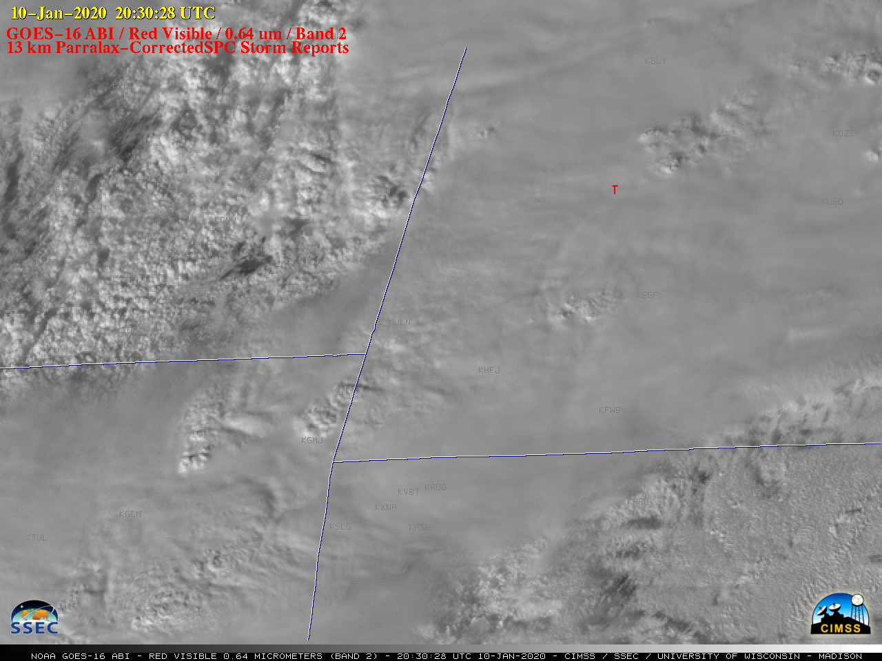 GOES-16 "Red" Visible (0.64 µm) image at 2030 UTC, including plot of SPC Storm Reports (with and without parallax correction) [click to enlarge]