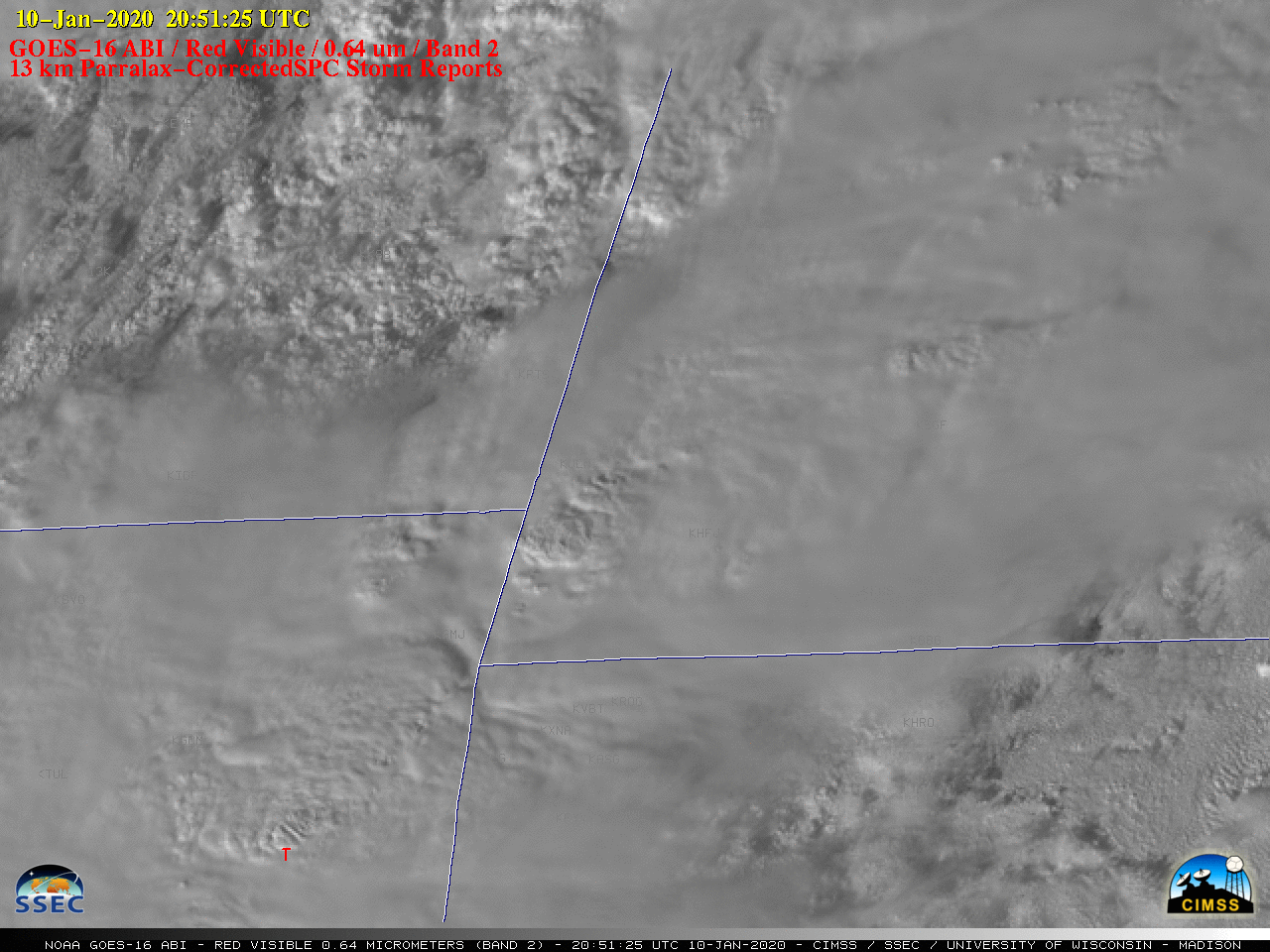 GOES-16 "Red" Visible (0.64 µm) image at 2051 UTC, including plot of Tornado report (with and without parallax correction) [click to enlarge]