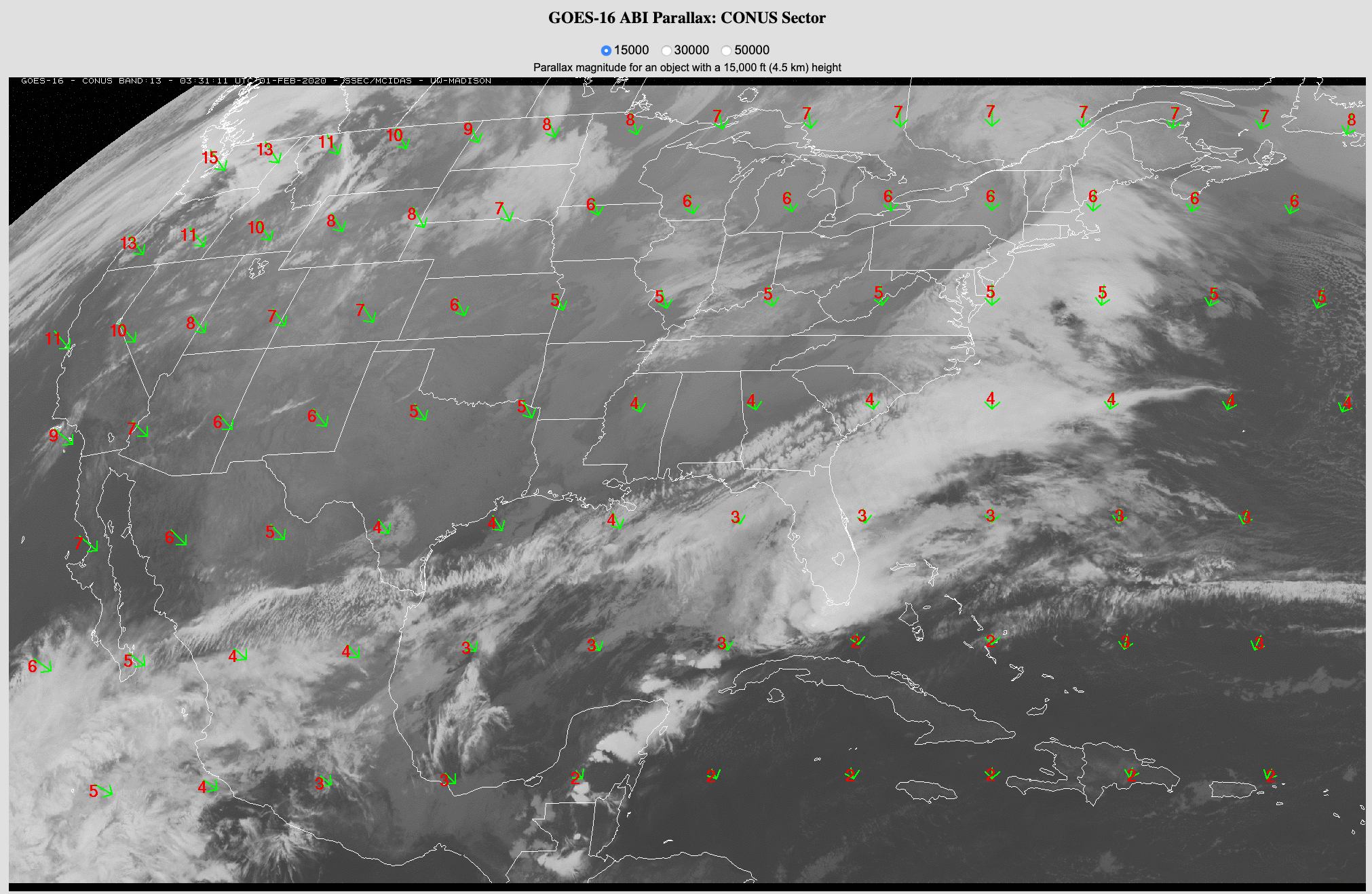 Parallax correct vectors (green arrows) and magnitudes (red. in km) for cloud features at 15,000 feet and 30,000 feet over the CONUS domain [click to enlarge]