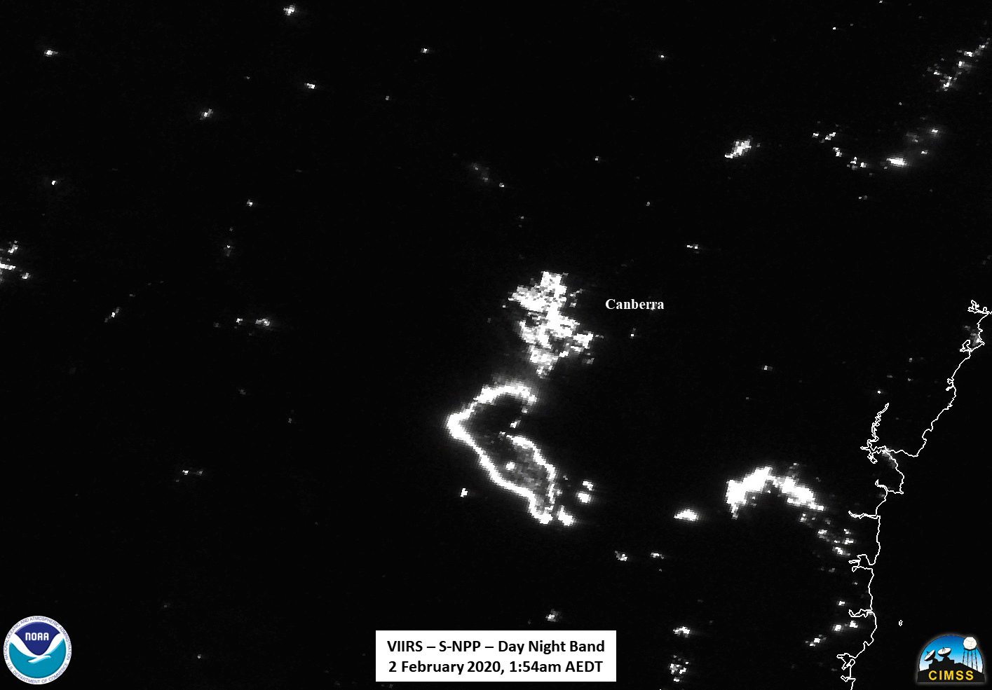 Suomi NPP VIIRS Day/Night Band (0.7 µm) and Shortwave Infrared (3.74 µm) images at 1454 UTC [click to enlarge]