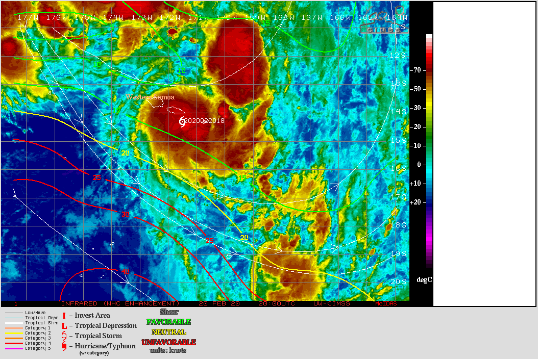 GOES-17 Infrared Window (11.2 µm) images with contours of Deep Layer Wind Shear (click to enlarge]