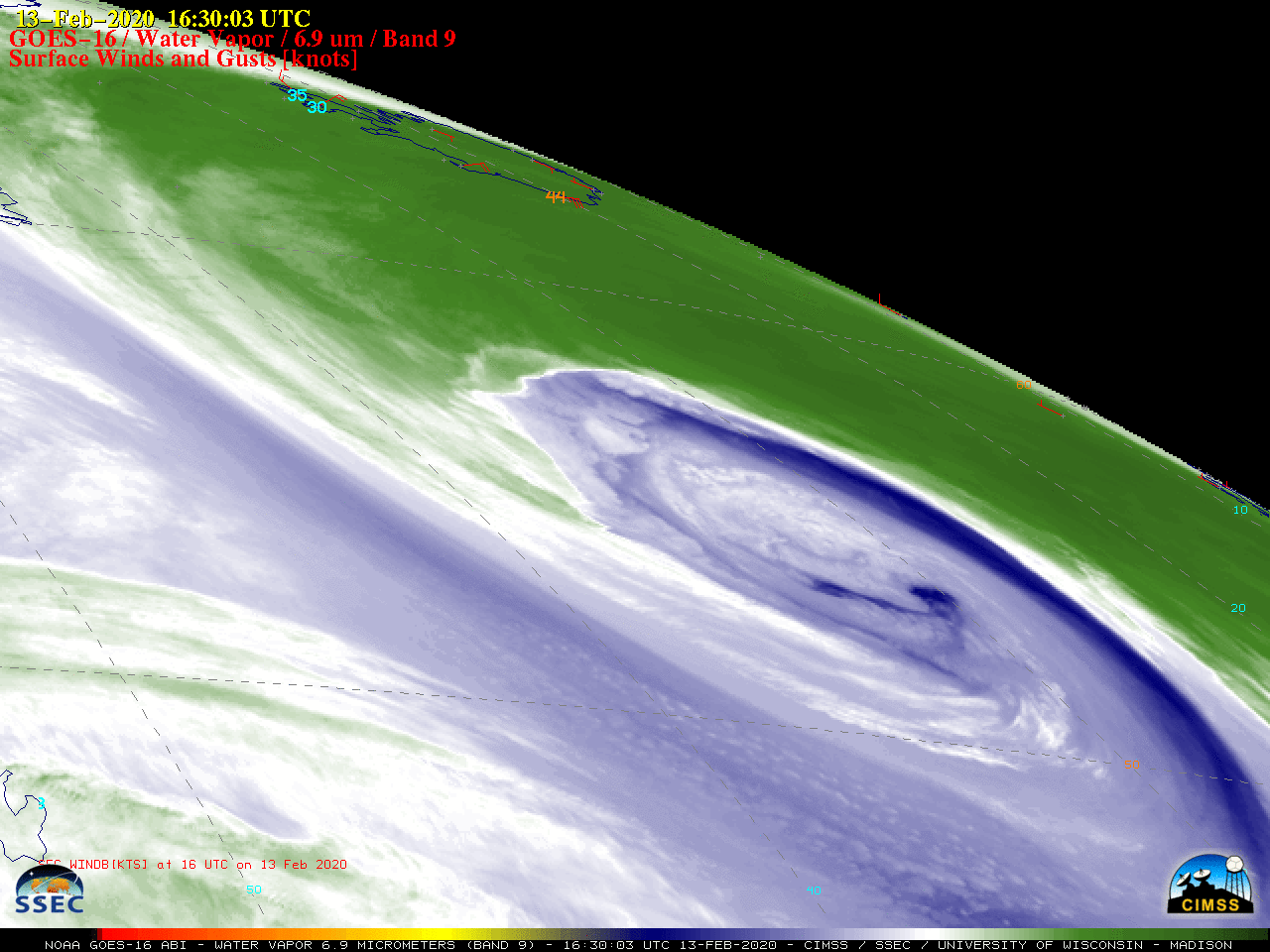 GOES-16 Mid-level Water Vapor (6.9 µm) images, with plots of hourly surface wind barbs and gusts (in knots) [click to play animation | MP4]
