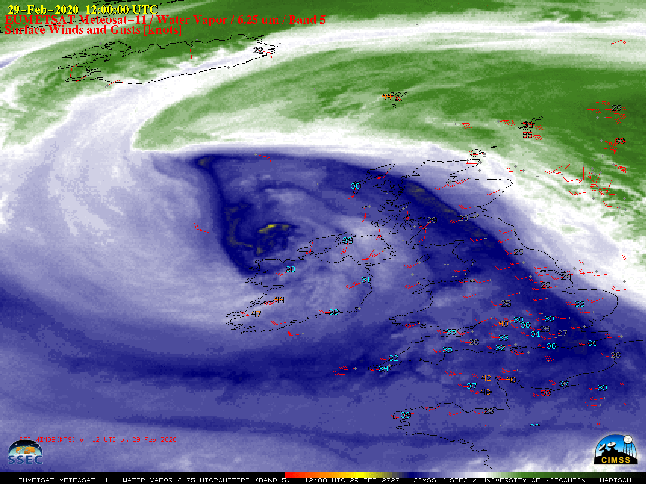 Meteosat-11 Water Vapor (6.25 µm) images, with hourly plots of surface wind barbs and gusts (in knots) [click to play animation | MP4]