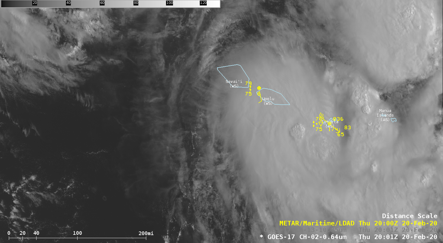  GOES-17 "Red" Visible (0.64 µm) and "Clean" Infrared Window (10.35 µm) images with surface plots for Pago Pago, American Samoa on 18 February [click to play animation | MP4]