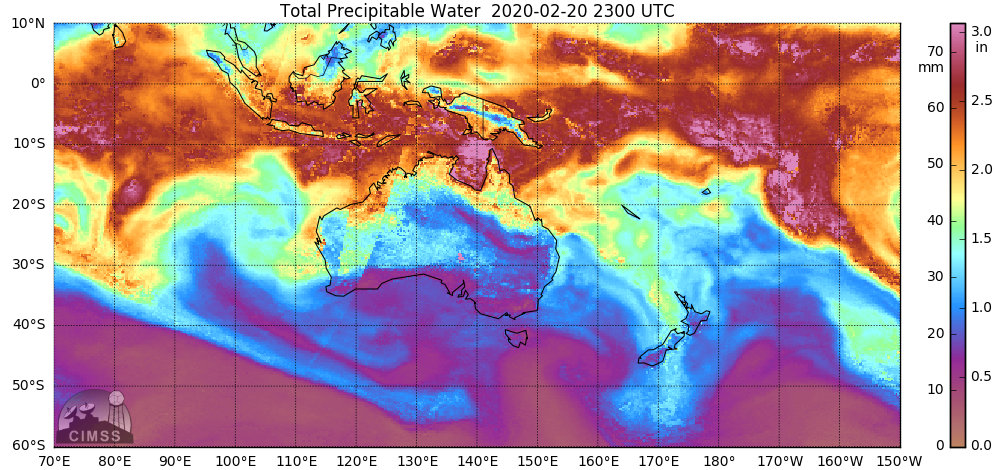 Hourly MIMIC Total Precipitable Water product during the 16-20 February period [click to play animation | MP4]