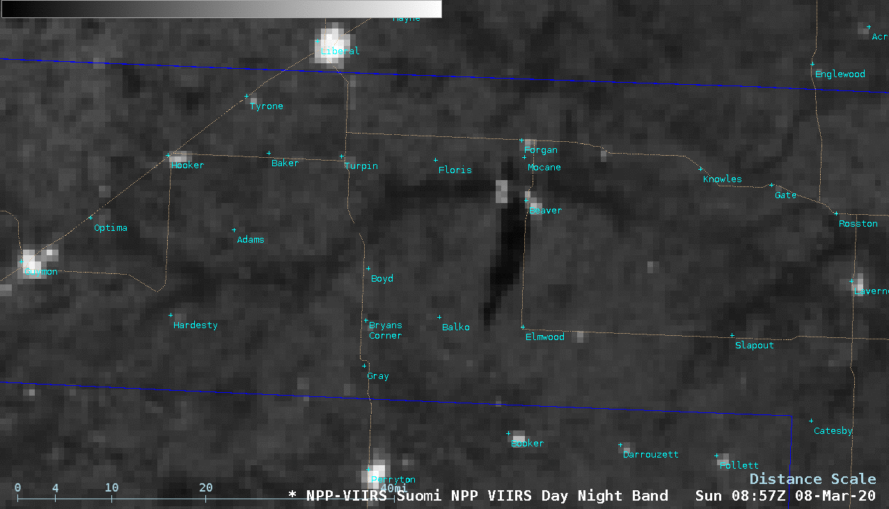 NOAA-20 VIIRS Day/Night Band (0.7 µm) and Shortwave Infrared (3.74 µm) images at 0857 UTC [click to enlarge]
