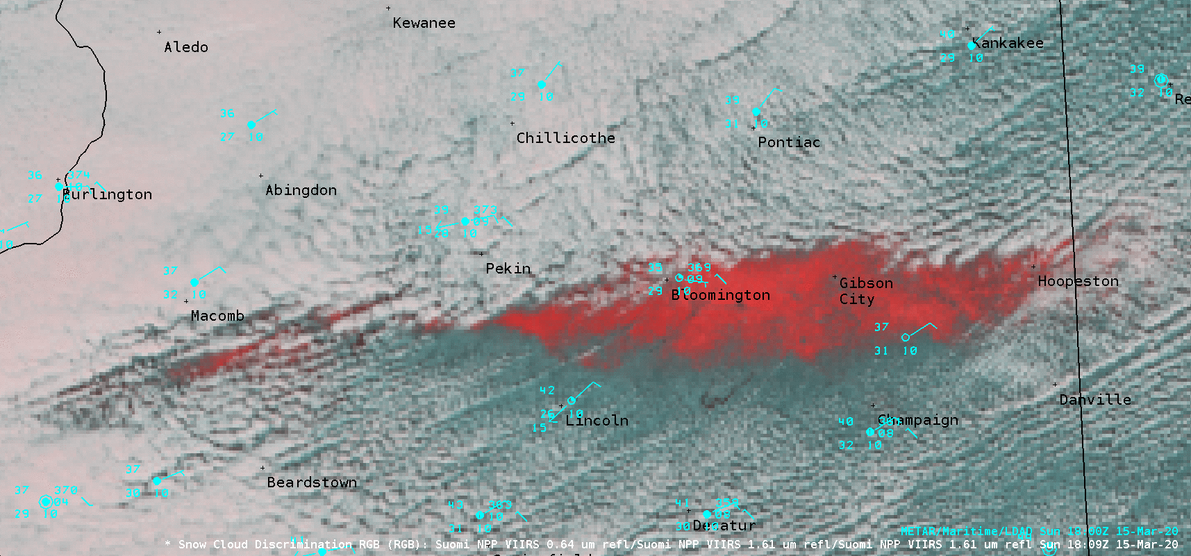 VIIRS Snow/Cloud Discrimination RGB images from NOAA-20 and Suomi NPP [click to enlarge]