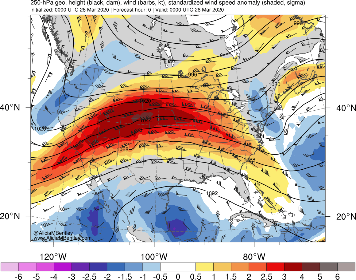 250 hPa wind speed anomalies at 00 UTC on 26 March [click to enlarge]