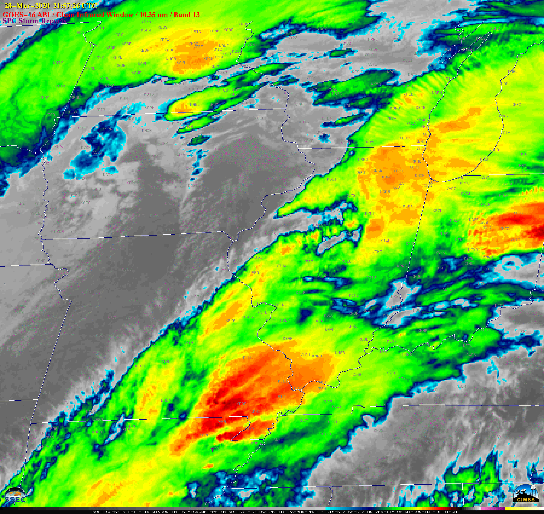 GOES- 16 "Clean" Infrared Window (10.35 µm) images, with time-matched SPC Storm Reports plotted in purple [click to play animation | MP4]