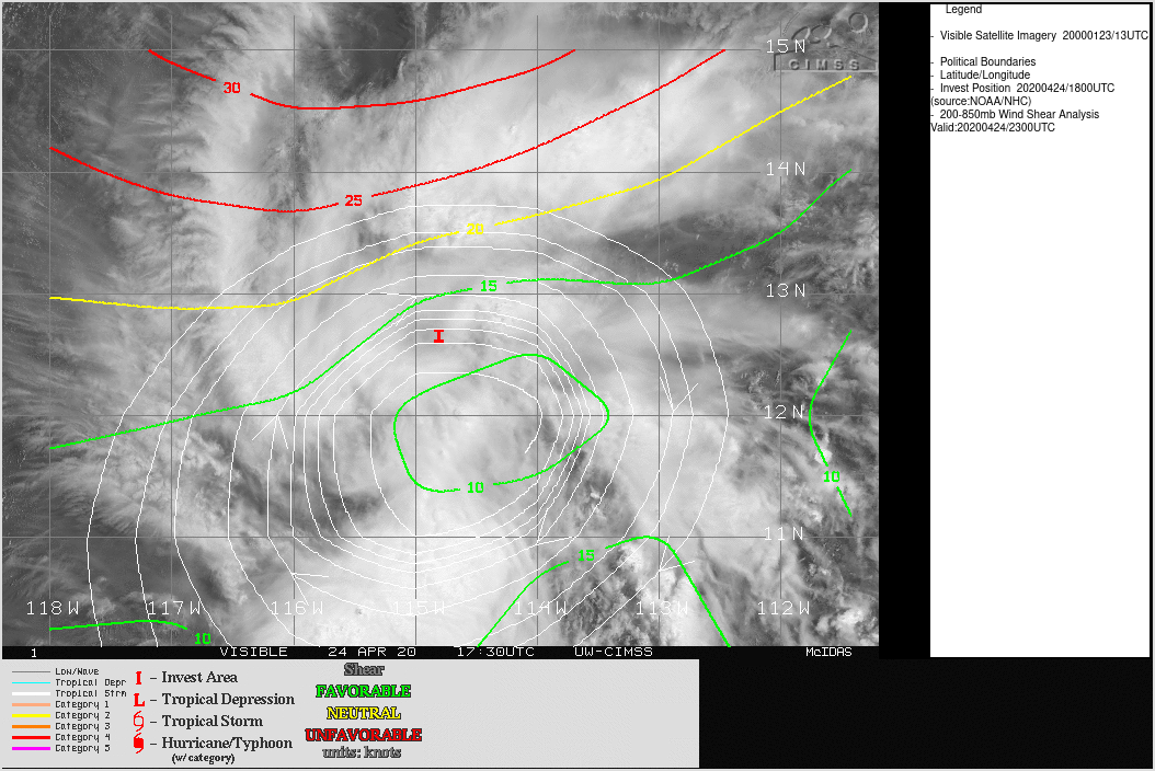 GOES-17 “Red” Visible (0.64 µm) with a plot of Deep-Layer Wind Shear at 23 UTC images [click to enlarge]