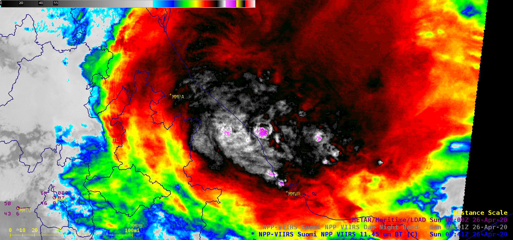 NOAA-20 VIIRS Infrared Window (11.45 µm) and Day/Night Band (0.7 µm) images at 0841 UTC [click to enlarge]