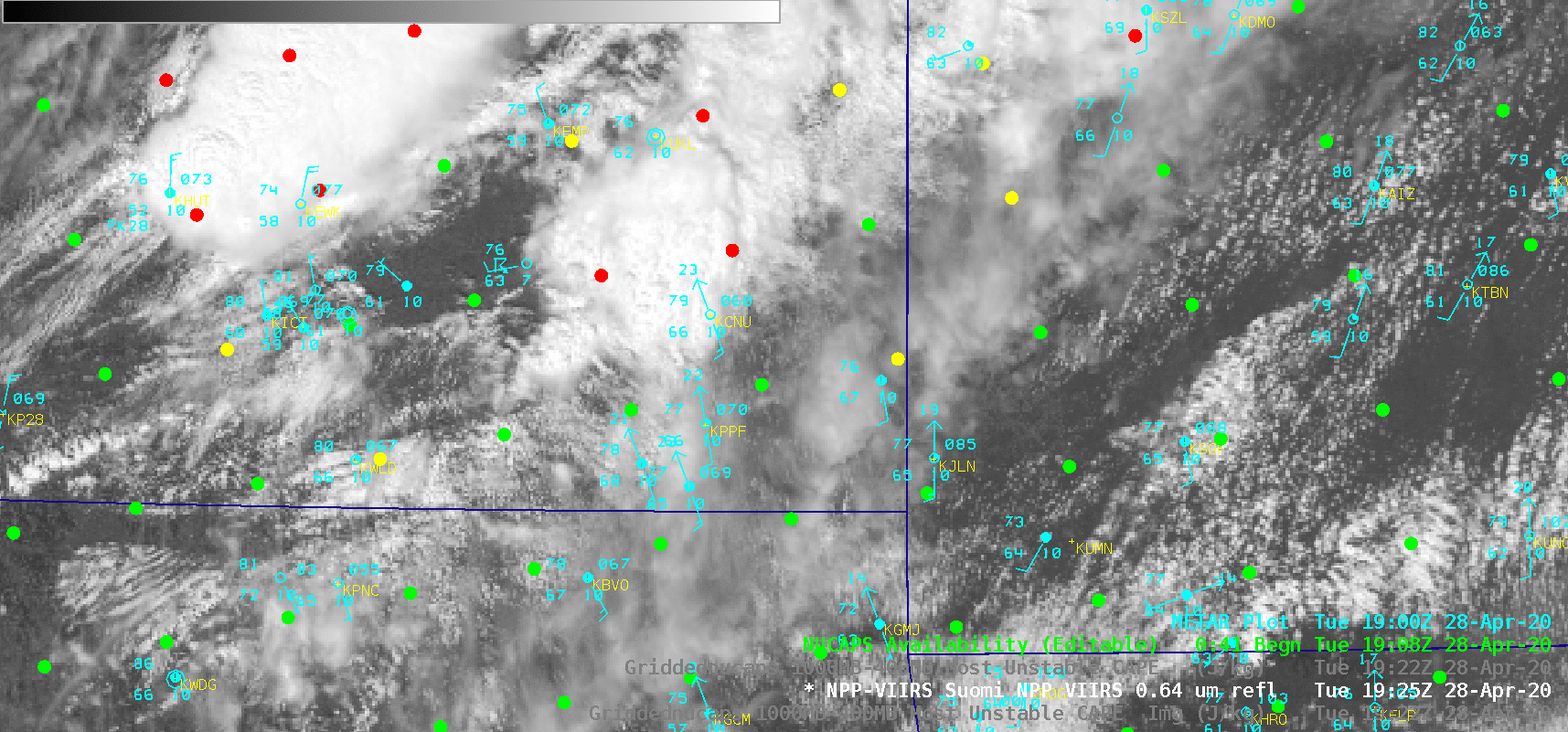 VIIRS Visible image with available NUCAPS soundings + Gridded NUCAPS Most-Unstable CAPE [click to enlarge] 
