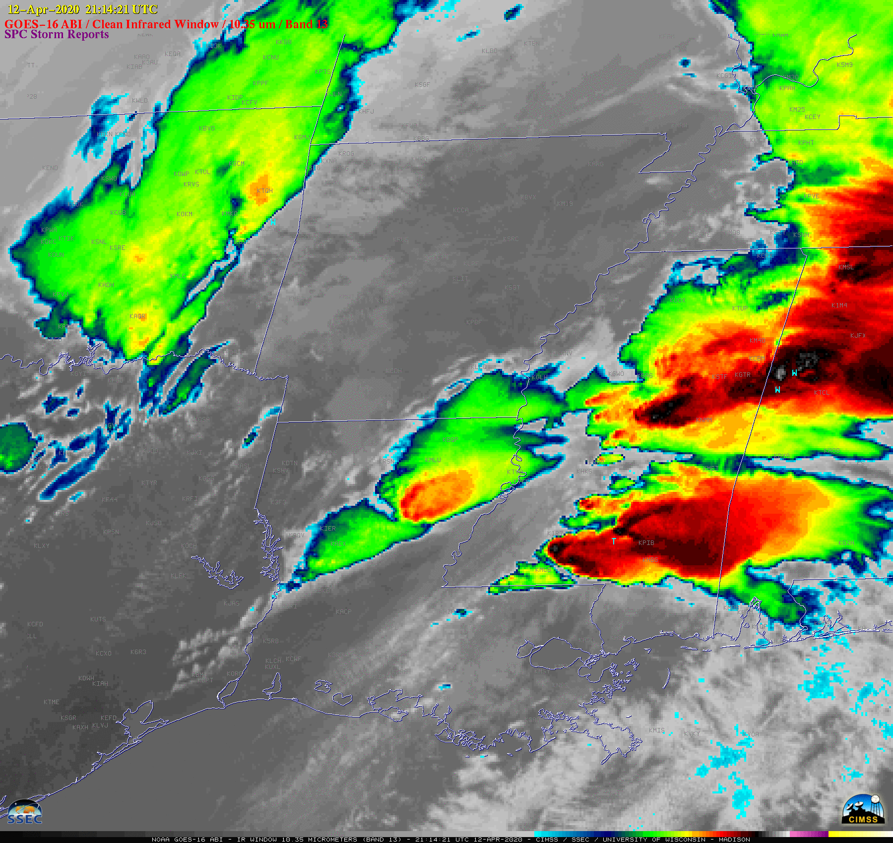 GOES-16 "Clean" Infrared Window (10.35 µm) images, with time-matched SPC Storm Reports plotted in cyan [click to play animation | MP4]