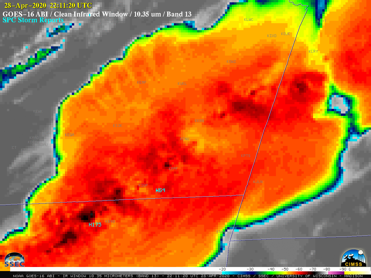 GOES-16 "Clean" Infrared Window (10.35 µm) images, with time-matched SPC Storm Reports plotted in cyan [click to play animation | MP4]