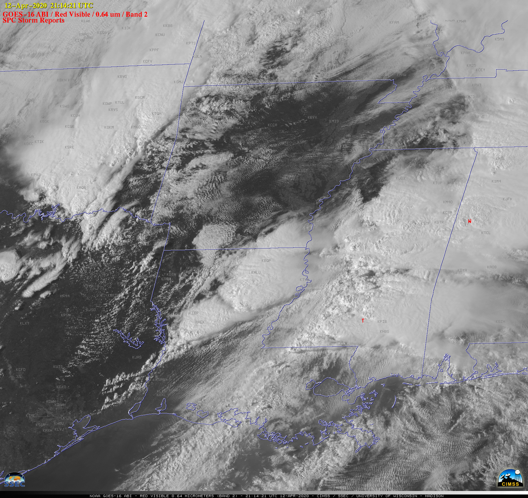 GOES-16 "Red" Visible (0.64 µm) images, with time-matched SPC Storm Reports plotted in red [click to play animation | MP4]
