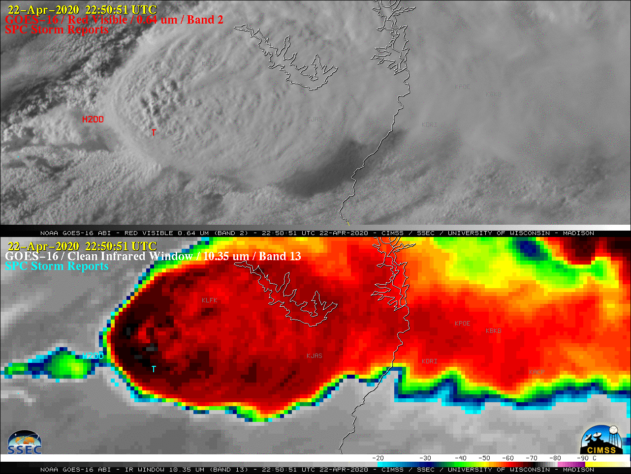 GOES-16 "Red" Visible (0.64 µm, top) and "Clean" Infrared Window (10.35 µm, bottom) images, with plots of SPC Storm Reports [click to play animation | MP4]