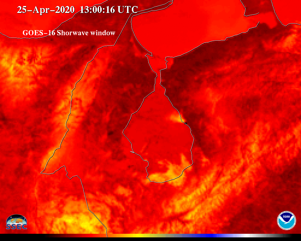 GOES-16 Shortwave Infrared (3.9 µm) images (credit: Tim Schmit, ASPB/CIMSS) [click to play animation | MP4]