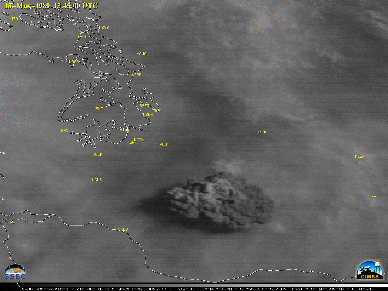 GOES-3 Visible (0.65 µm) images at 1545 and 1615 UTC [click to enlarge]