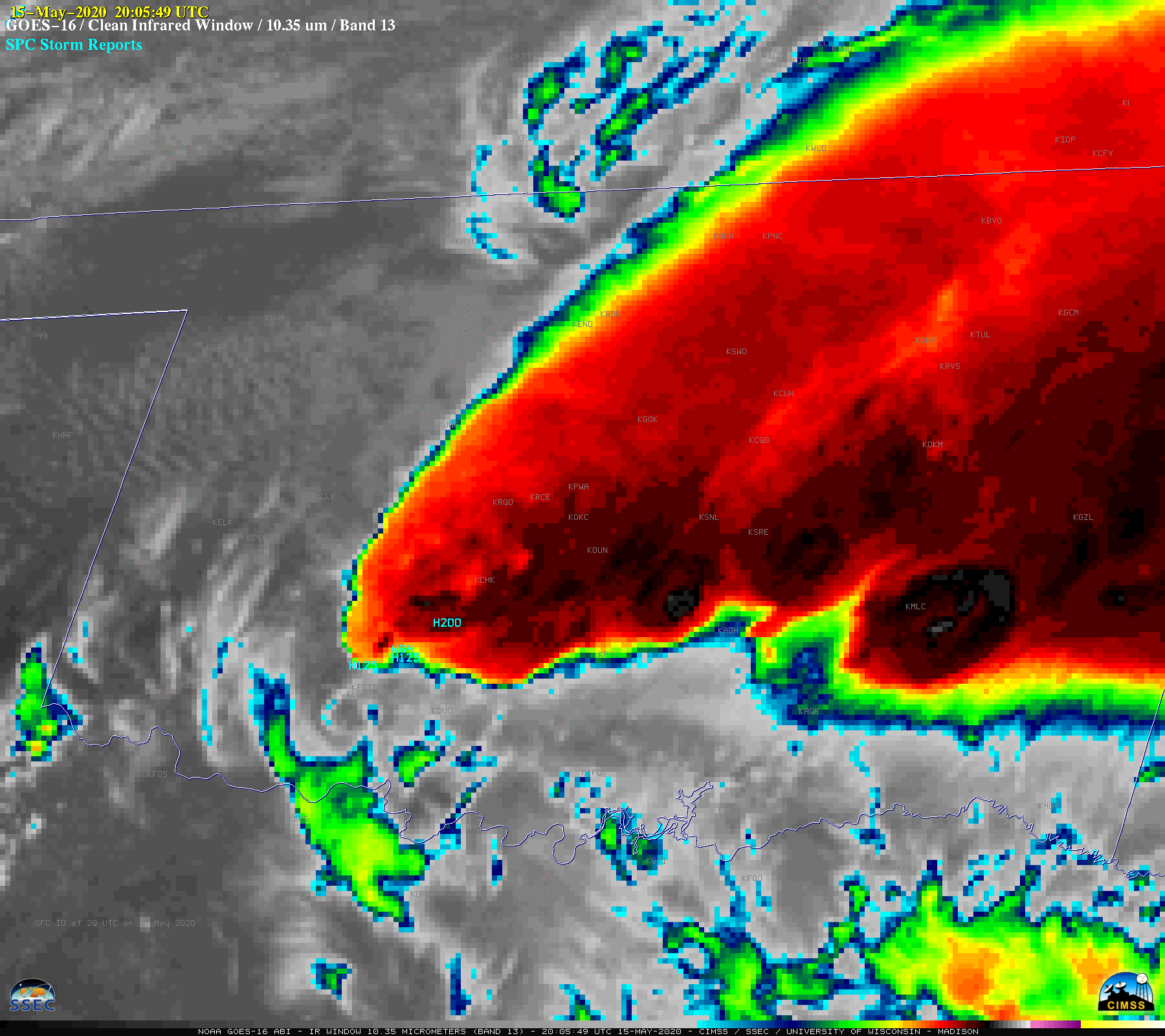 GOES-16 "Clean" Infrared Window (10.35 µm) images, with SPC Storm Reports plotted in cyan [click to play animation | MP4]