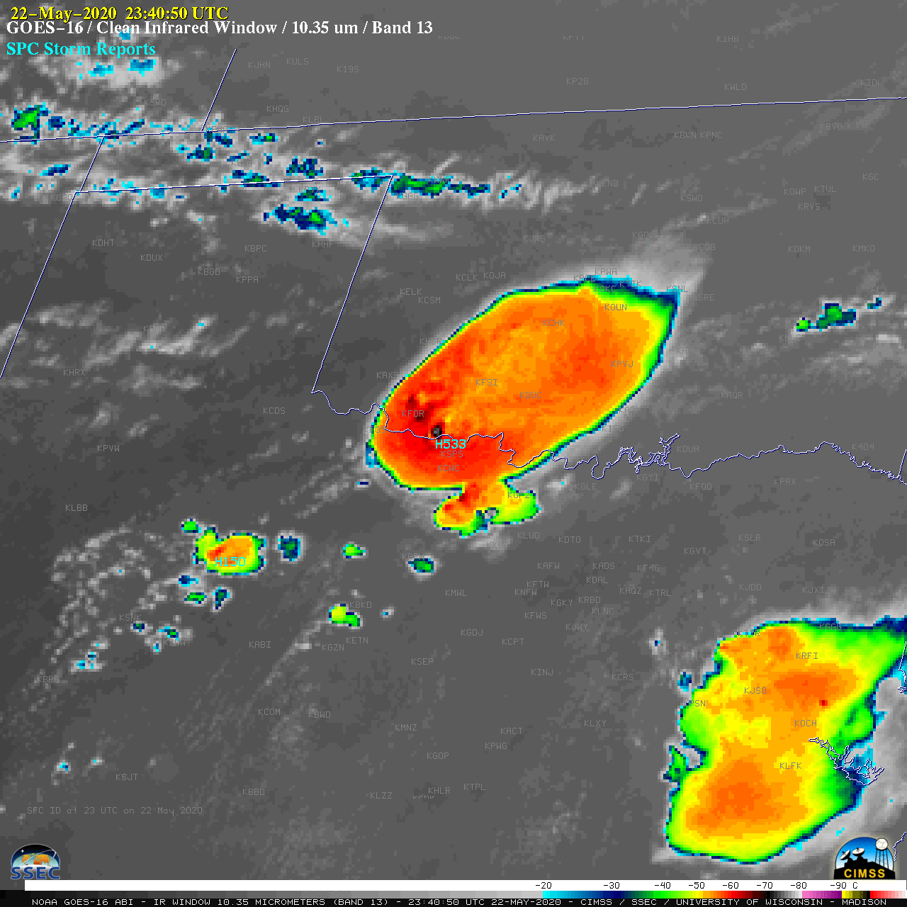 GOES-16 “Clean” Infrared Window (10.3 µm) images, with SPC storm reports plotted in cyan [click to play animation | MP4]