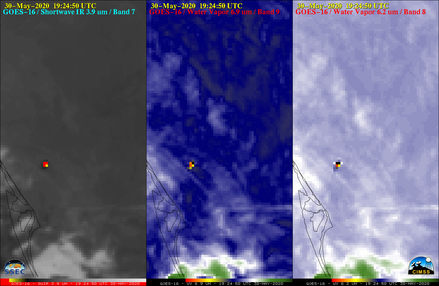 GOES-16 Shortwave Infrared (3.9 µm, left), Mid-level Water Vapor (6.9 µm, center) and Upper-level Water Vapor (6.2 µm, left) images [click to play animation | MP4]