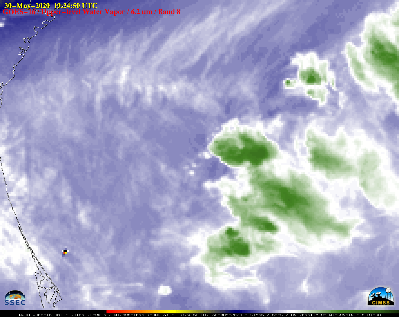 GOES-16 Upper-level (6.2 µm) Water Vapor images [click to play animation | MP4]