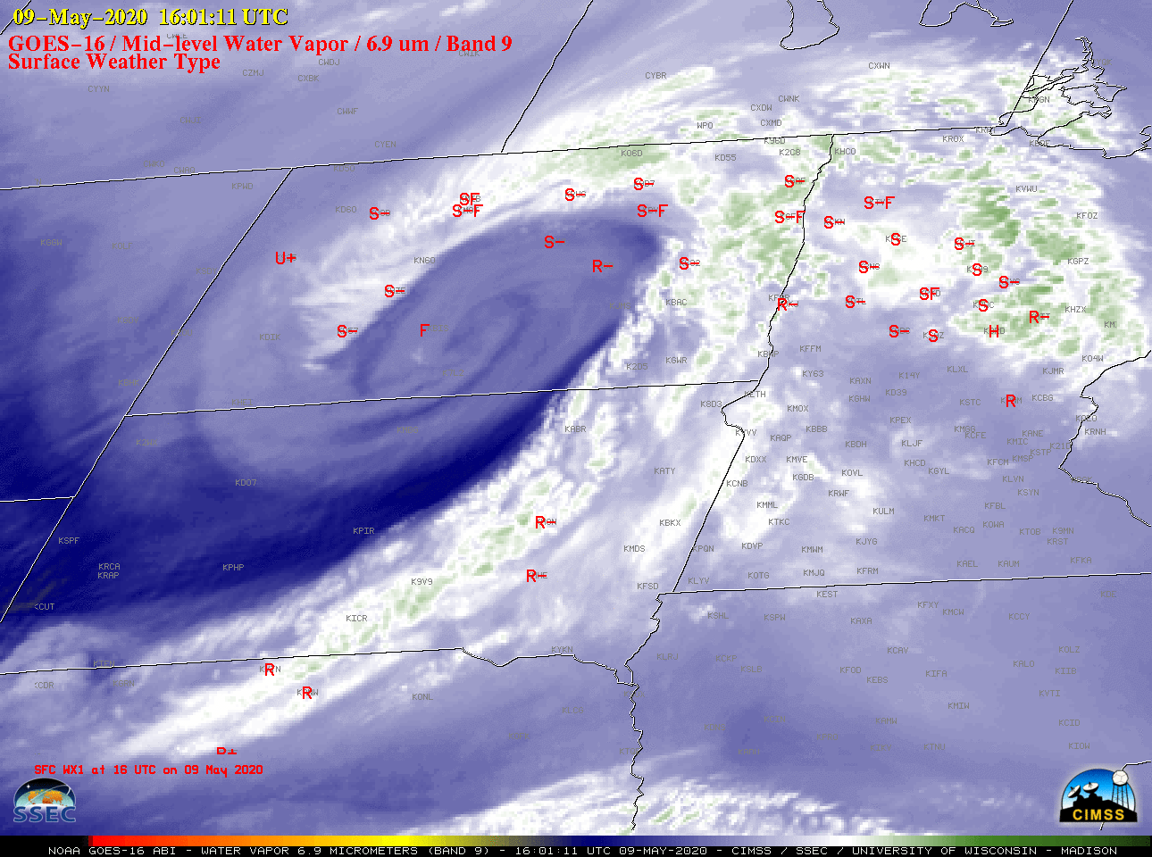 GOES-16 Mid-level Water Vapor (6.9 µm) images, with hourly surface weather type plotted in red (R=rain; S=snow; F=fog) [click to pay animation | MP4]