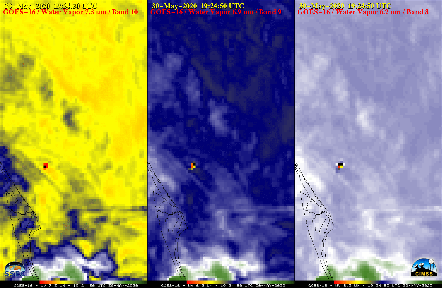 GOES-16 Low-level (7.3 µm, left), Mid-level (6.9 µm, center) and Upper-level (6.2 µm, left) Water Vapor images [click to play animation | MP4]