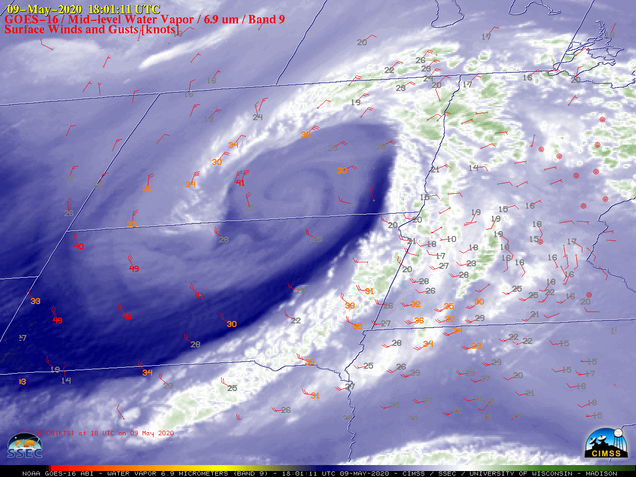 GOES-16 Mid-level Water Vapor (6.9 µm) images, with plots of hourly wind barbs and gusts [click to pay animation | MP4]