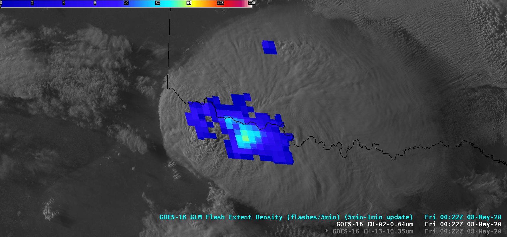 GOES-16 "Red" Visible (0.64 µm) images, with and without an overlay of GLM Flash Extent Density [click to play animation | MP4]