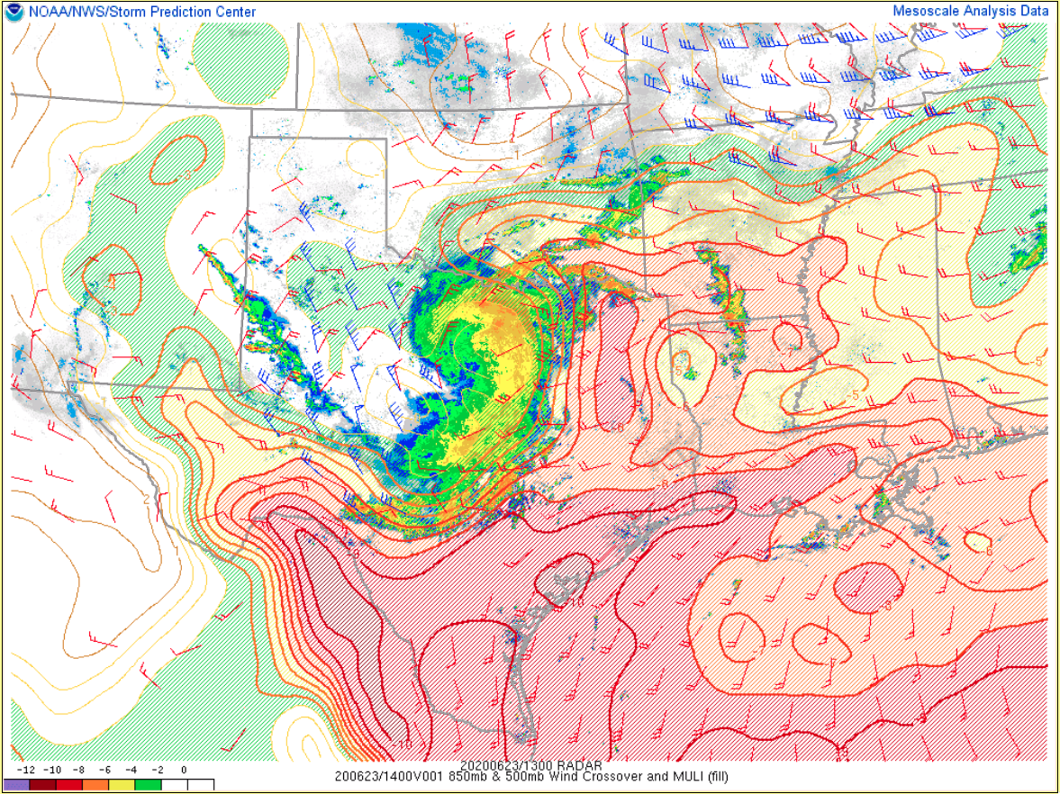 SPC Mesoscale Analysis of 850/500 hPa wind shear and Most Unstable Lifted Index at 13 UTC [click to enlarge]