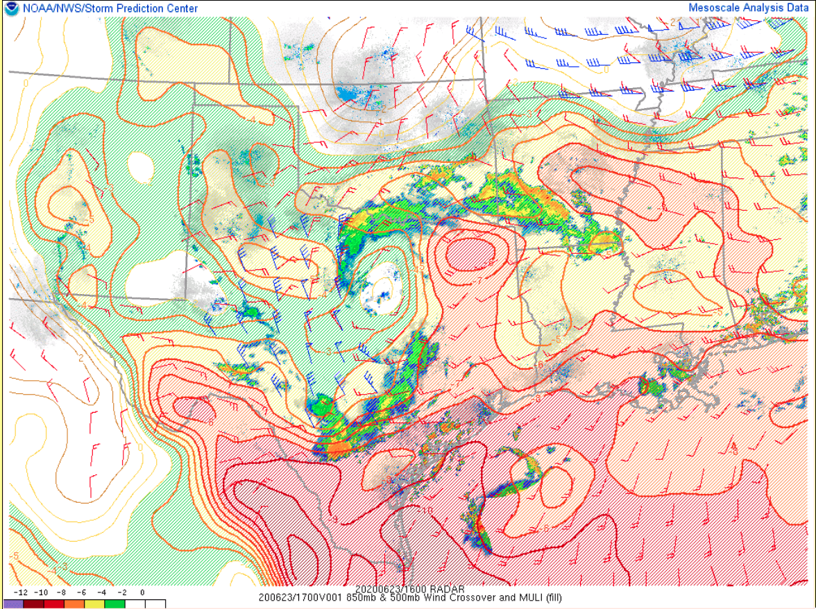 SPC Mesoscale Analysis of 850/500 hPa wind shear and Most Unstable Lifted Index at 16 UTC [click to enlarge]