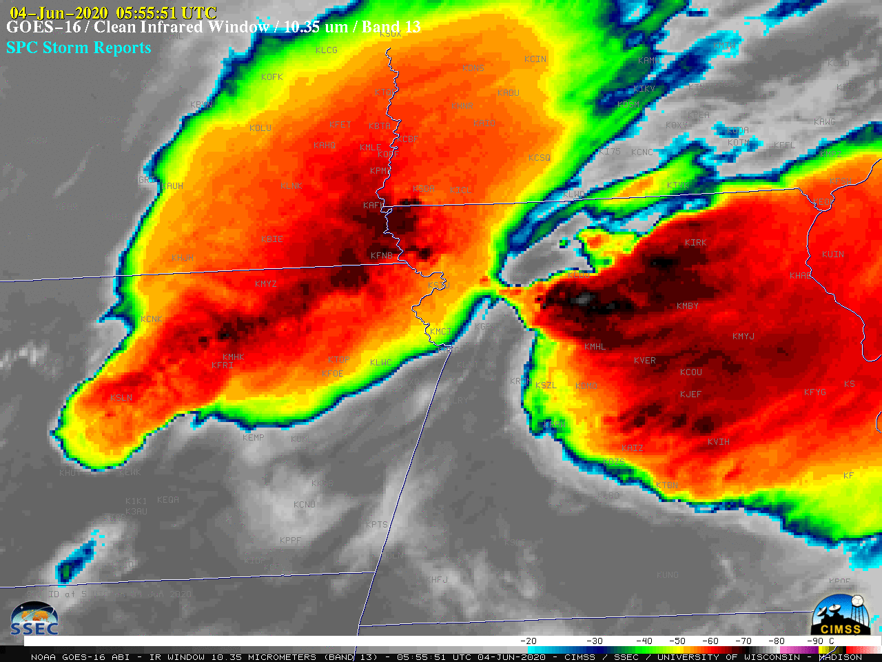 GOES-16 “Clean” Infrared Window (10.35 µm) images, with SPC storm reports plotted in cyan [click to play animation | MP4]