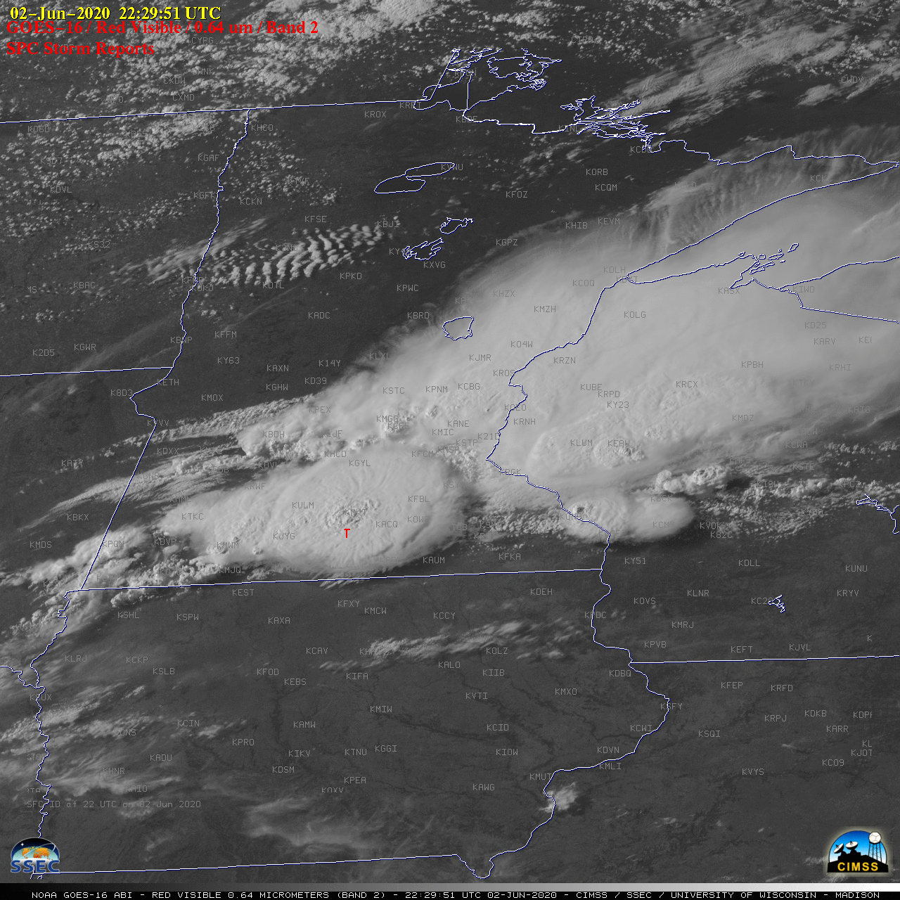GOES-16 “Red” Visible (0.64 µm) images, with SPC Storm Reports plotted in red [click to play animation | MP4]