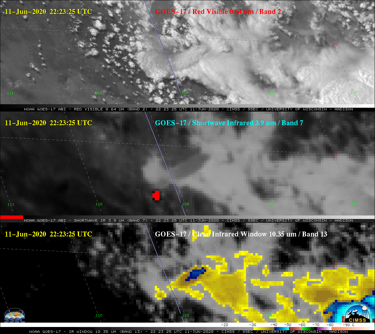GOES-17 “Red” Visible (0.64 µm, top), Shortwave Infrared (3.9 µm, center) and “Clean” Infrared Window (10.35 µm, bottom) images, with hourly plots of surface reports [click to play animation | MP4]