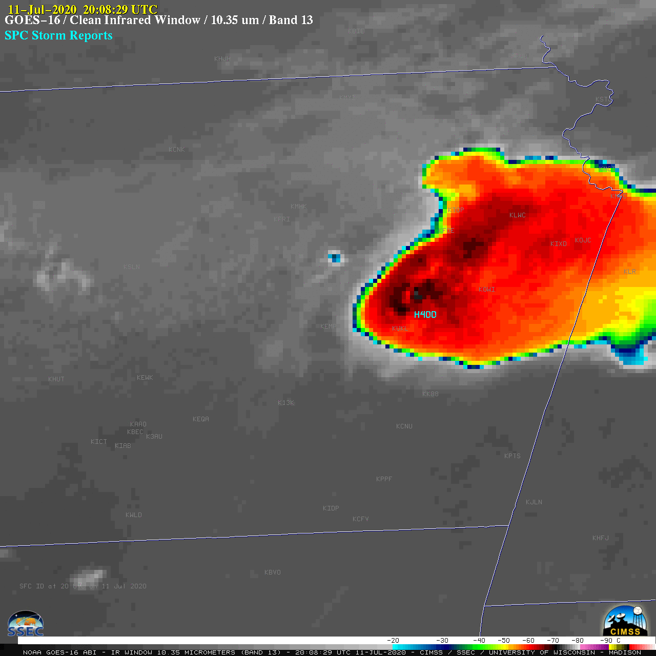 GOES-16 “Clean” Infrared Window (10.35 µm) images, with time-matched SPC Storm Reports plotted in violet [click to play animation | MP4]