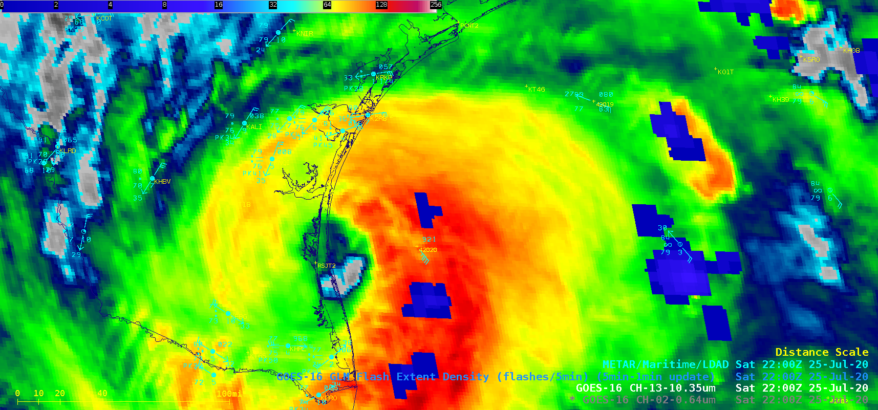 GOES-16 “Clean” Infrared Window (10.35 µm) images, with an overlay of GLM Flash Extent Density [click to play animation | MP4]