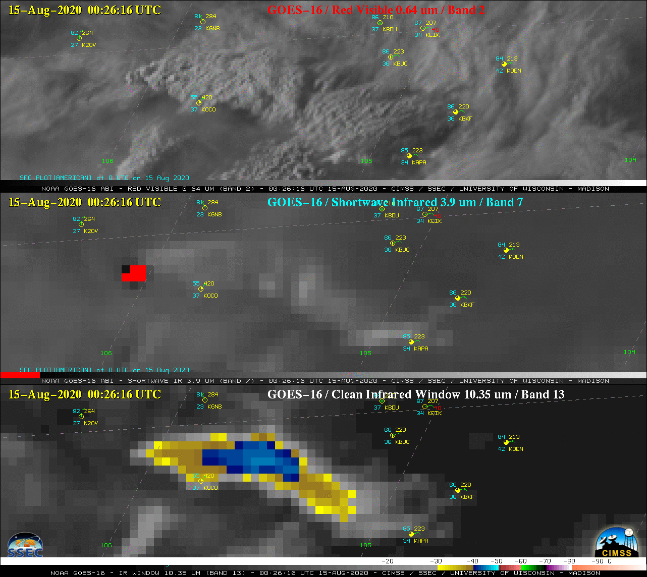 GOES-16 “Red” Visible (0.64 µm, top), Shortwave Infrared (3.9 µm, center) and “Clean” Infrared Window (10.35 µm, bottom) images, with hourly plots of surface reports [click to play animation | MP4]
