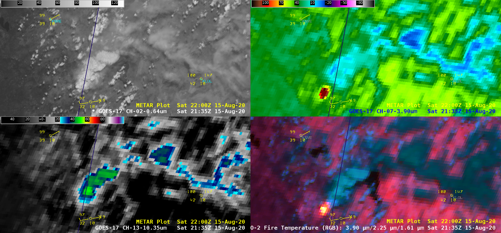 GOES-17 Visible (0.64 µm, top left), Shortwave Infrared (3.9 µm, top right), Infrared Window (10.35 µm, bottom left) and Fire Temperature RGB (bottom right) [click to play animation | MP4]