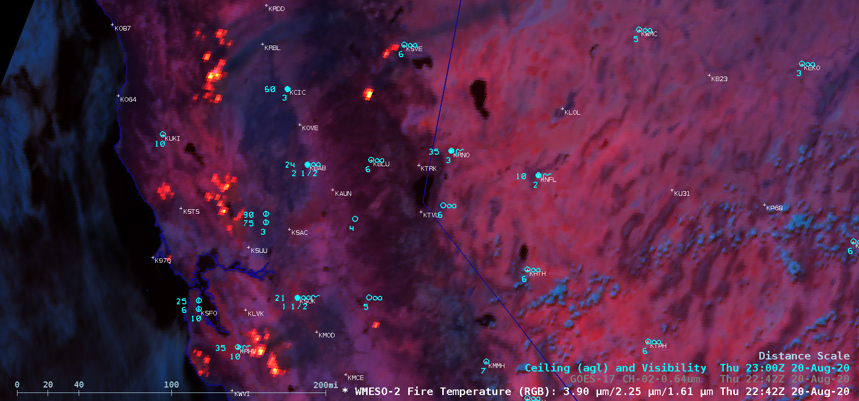 GOES-17 Fire Temperature RGB and "Red" Visible (0.64 µm) images [click to play animation | MP4]