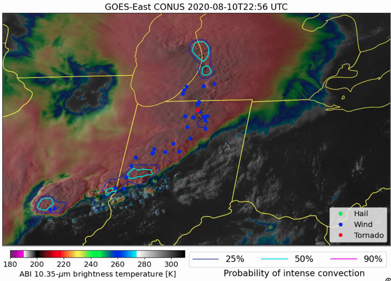 GOES-16 Visible/Infrared Sandwich RGB and “Clean” Infrared Window (10.35 µm) images, with “probability of intense convection” contours and SPC Storm Reports (credit: John Cintineo, CIMSS) [click to play animation | MP4]