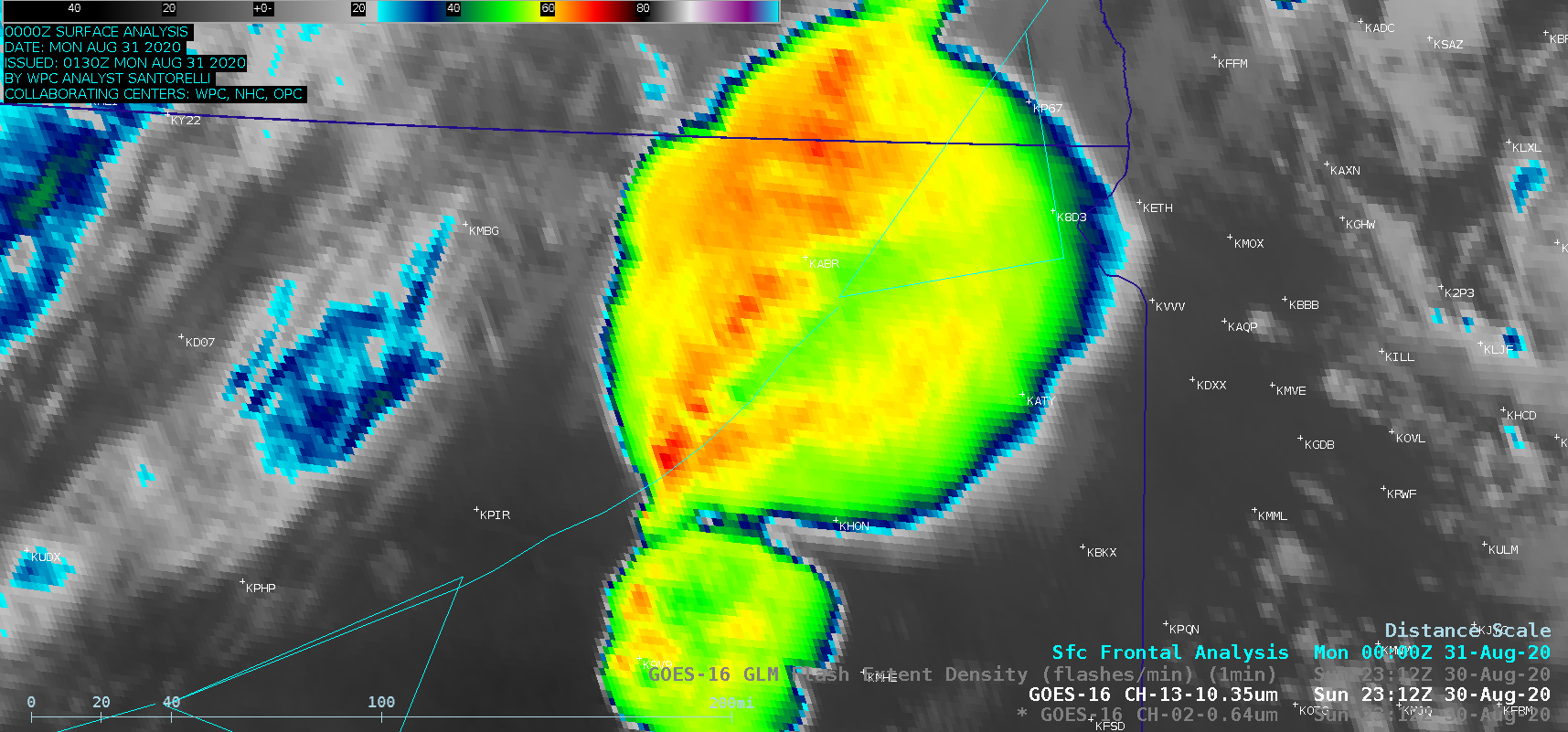 GOES-16 “Red” Visible (0.64 µm) and “Clean” Infrared Window (10.35 µm) images (with and without an overlay of GLM Flash Extent Density) [click to play animation | MP4]
