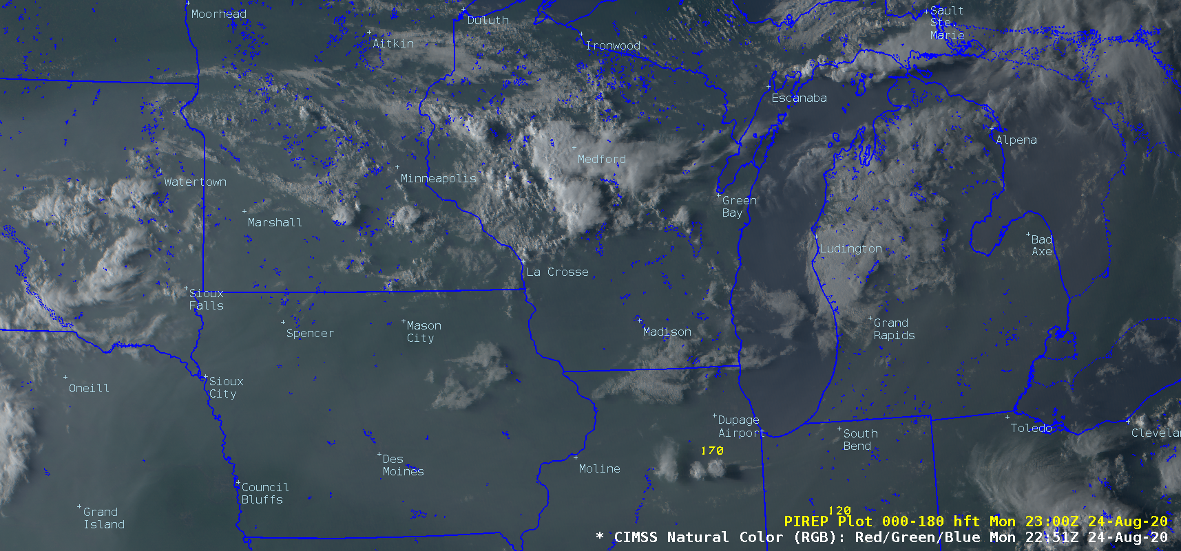 CIMSS Natural Color RGB images, with plots of Pilot Reports [click to play animation | MP4]