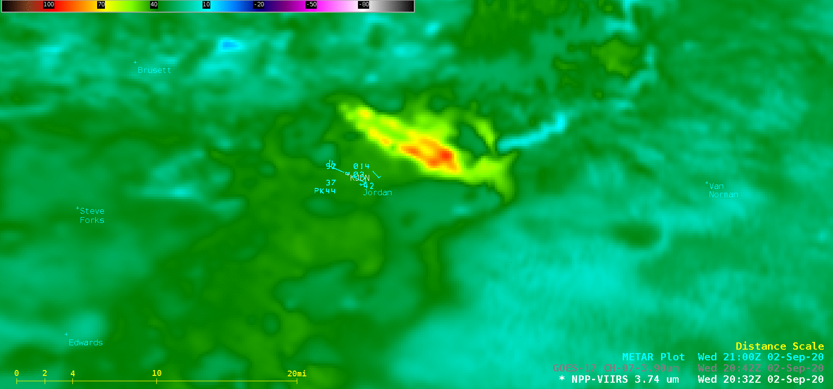 Shortwave Infrared images from Suomi NPP (3.7 µm) and GOES-17 (3.9 µm) [click to enlarge]